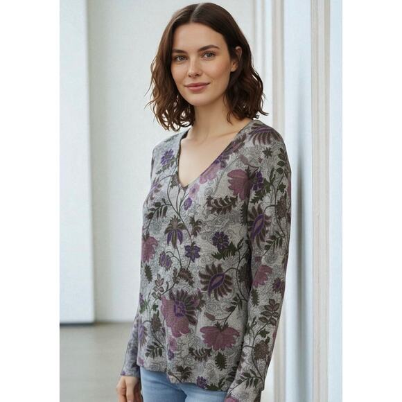 Charter Club Pure Cashmere Floral V-Neck Sweater Gray Purple Size L - Picture 1 of 10